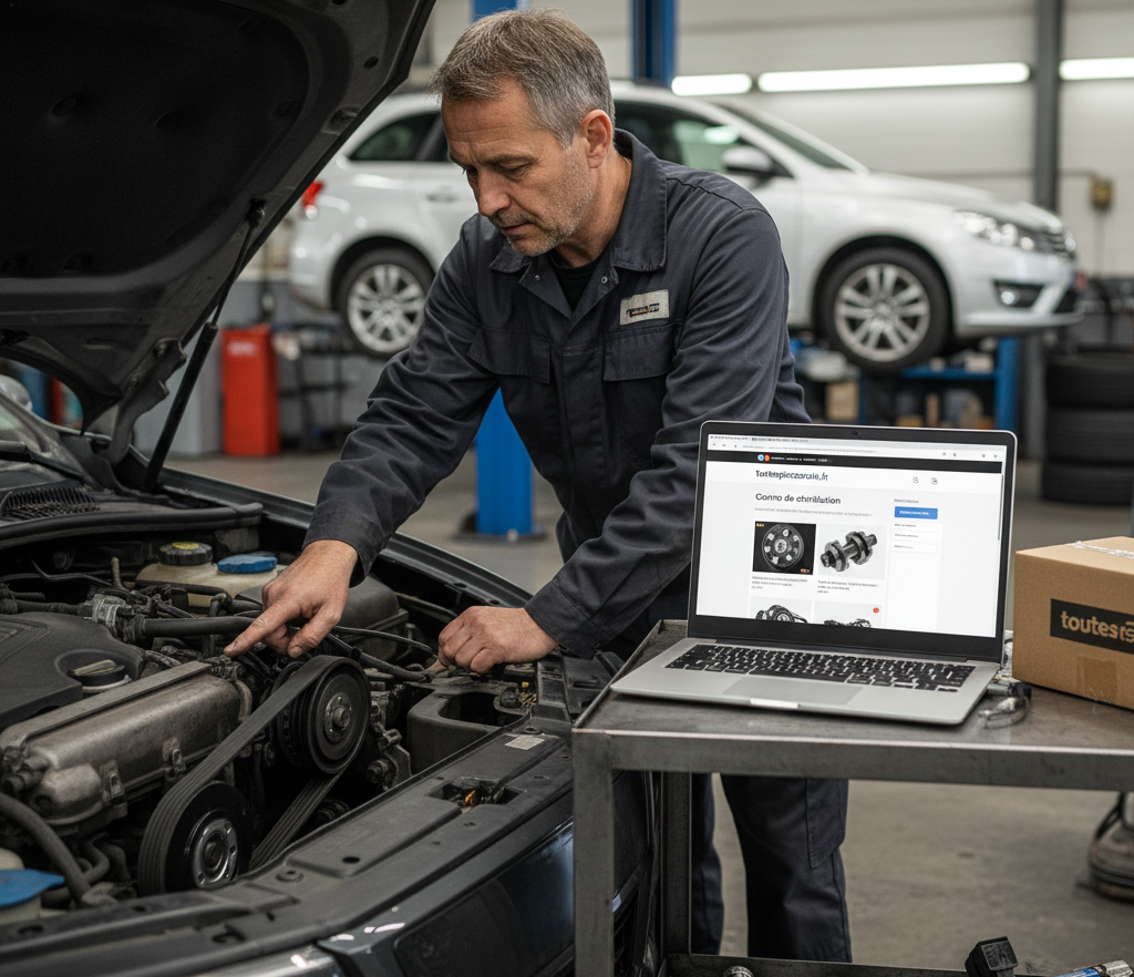 Détail de la mécanique moteur montrant la courroie de distribution et les composants du kit de distribution pour un remplacement.