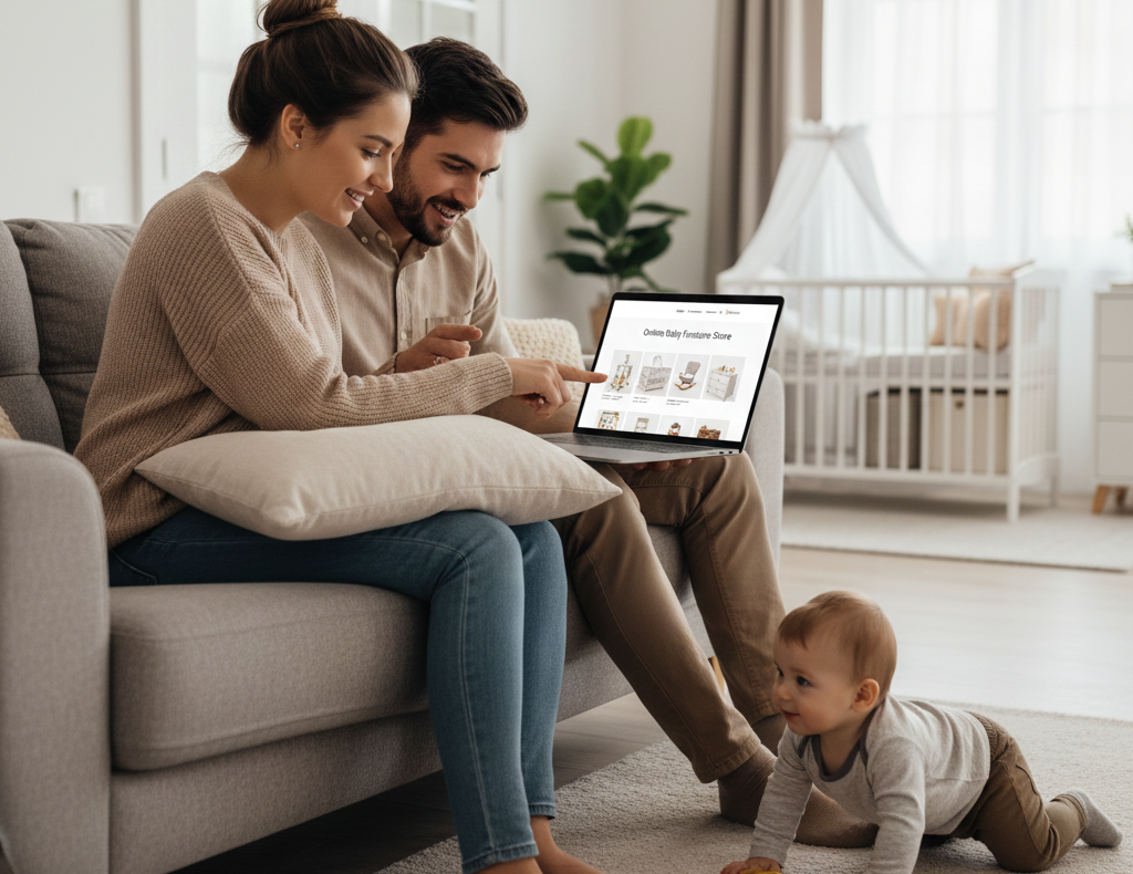 Un couple de futurs parents consulte une tablette dans un salon chaleureux pour choisir des meubles de chambre de bébé en ligne BamBinou .