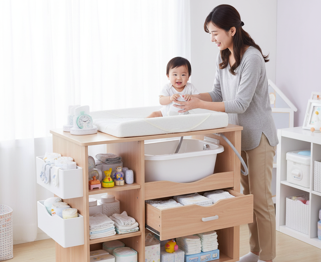 Pour des meubles assortis, craquez pour le lit transformable, avec table à langer et étagères intégrées